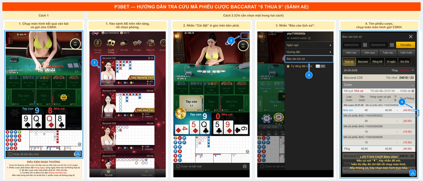 Hướng dẫn tra cứu phiếu cược Baccarat sảnh AE