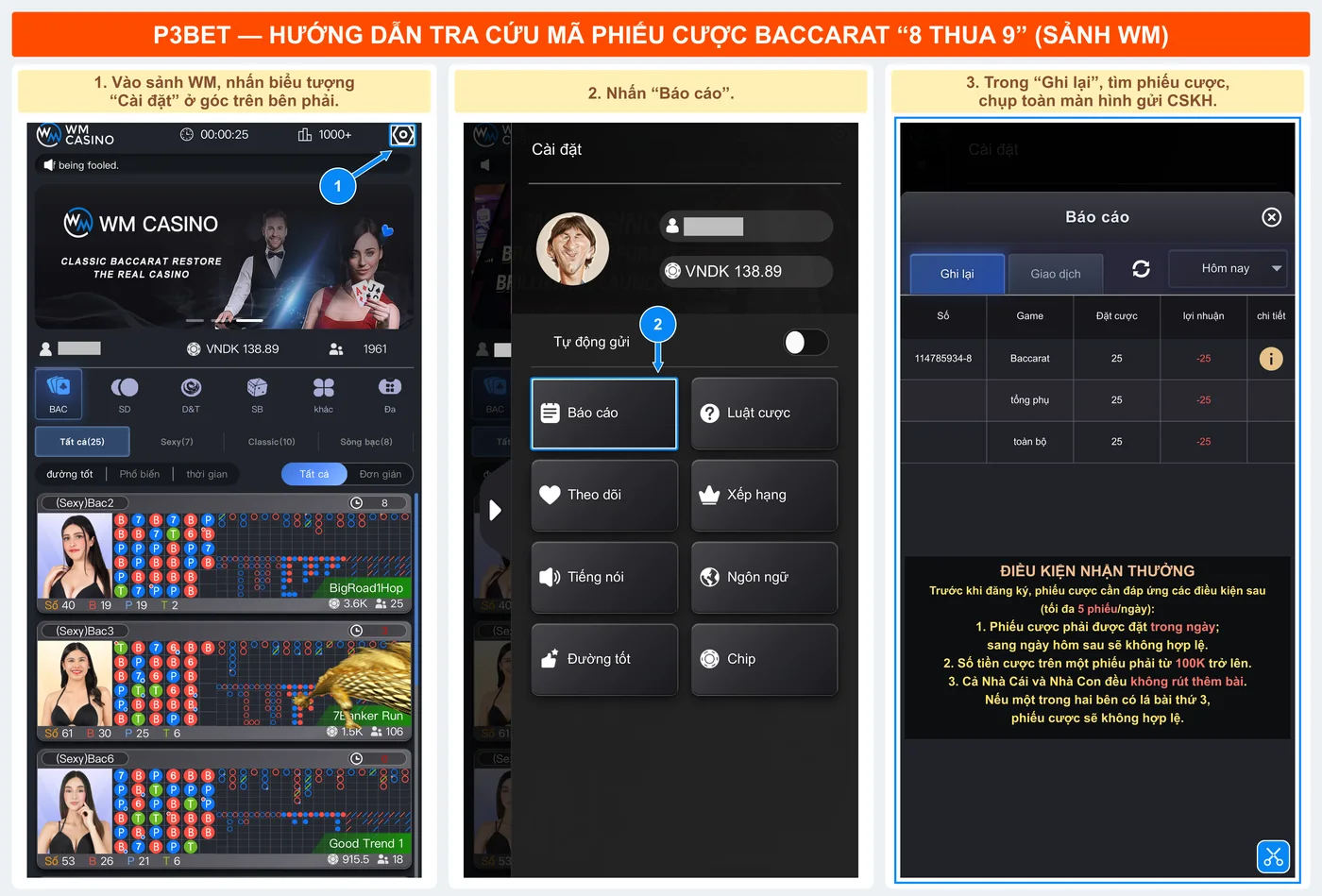 Hướng dẫn tra cứu phiếu cược Baccarat sảnh WM