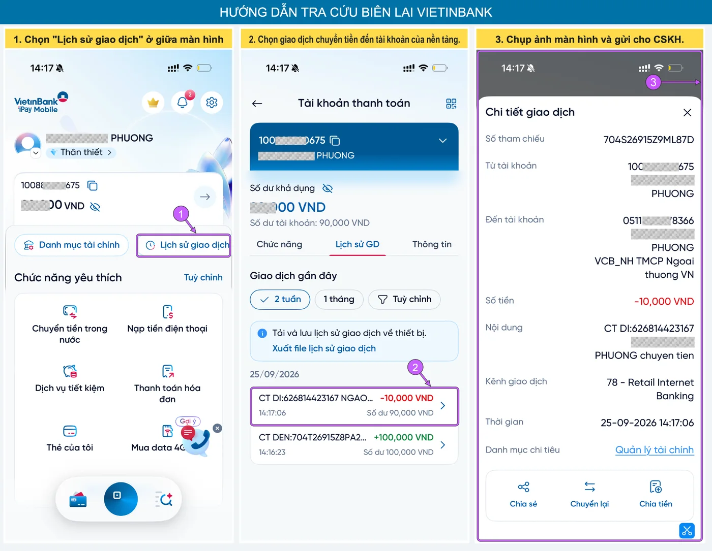 Hướng dẫn tra cứu biên lai VietinBank