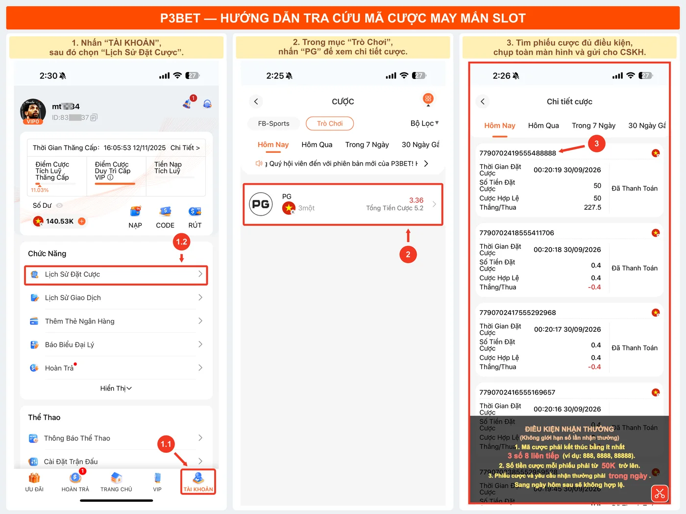 Hướng dẫn kiểm tra đơn cược slot P3