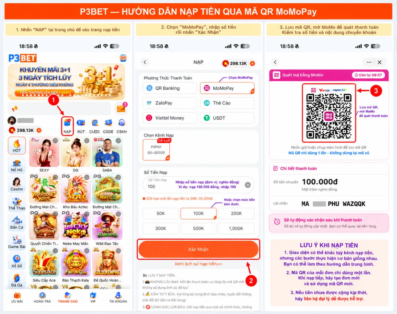 Hướng dẫn nạp tiền P3 qua MoMo