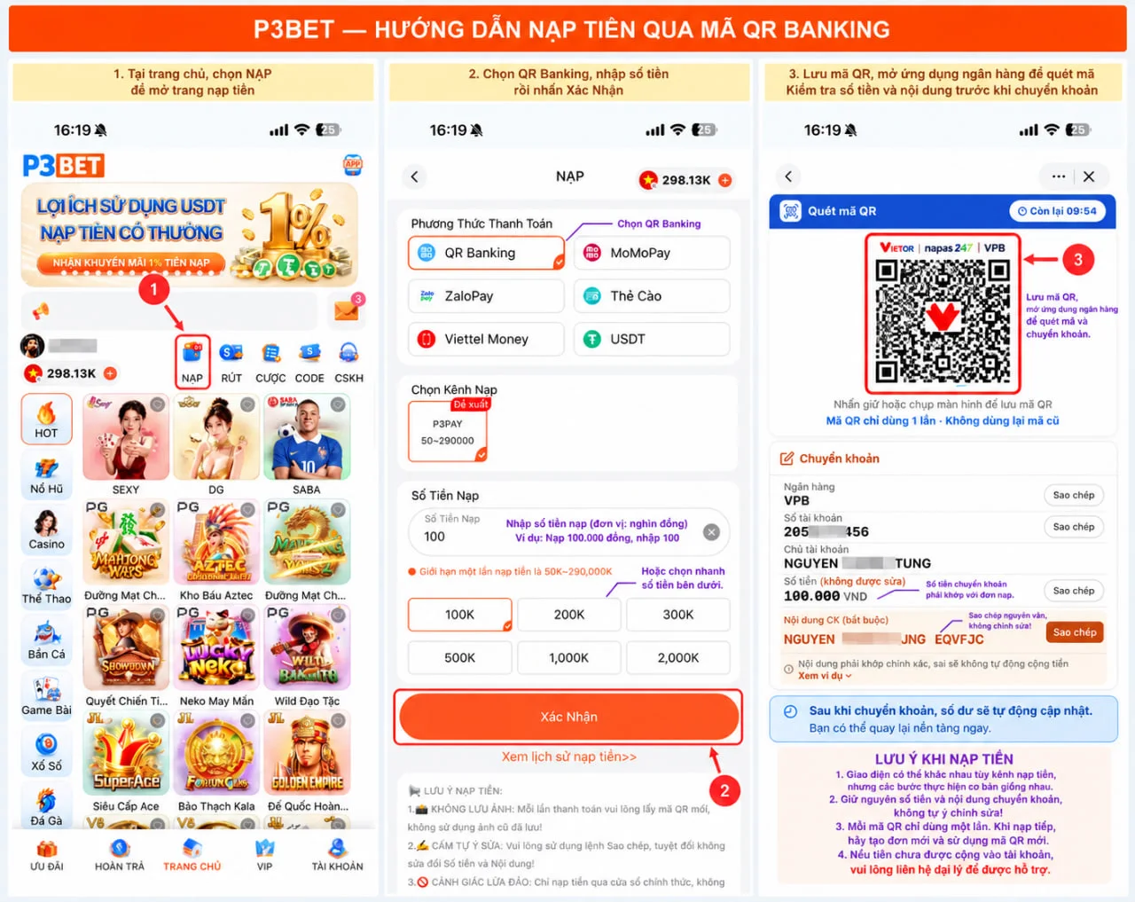Hướng dẫn nạp tiền P3 qua QR Banking