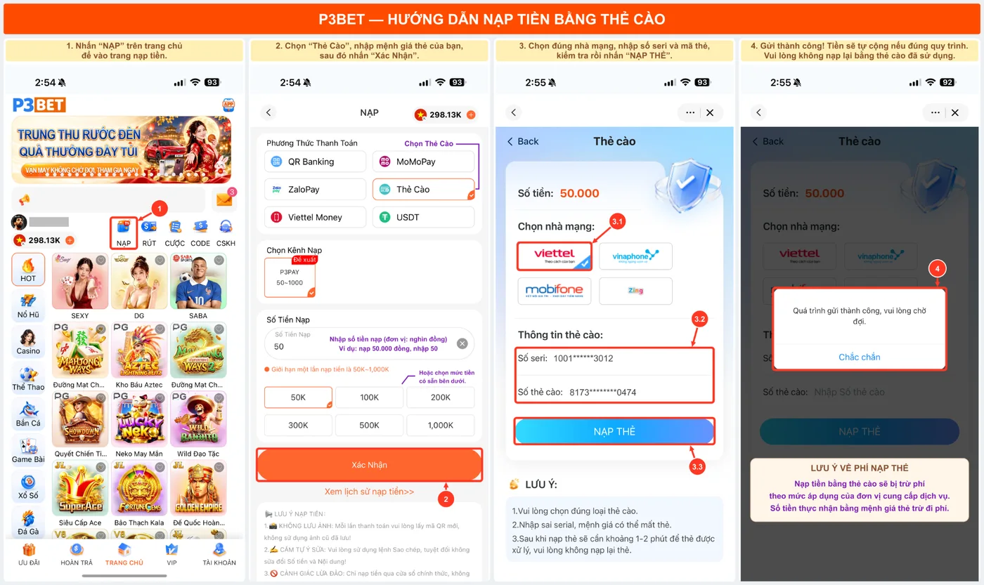 Hướng dẫn nạp tiền P3 bằng thẻ cào