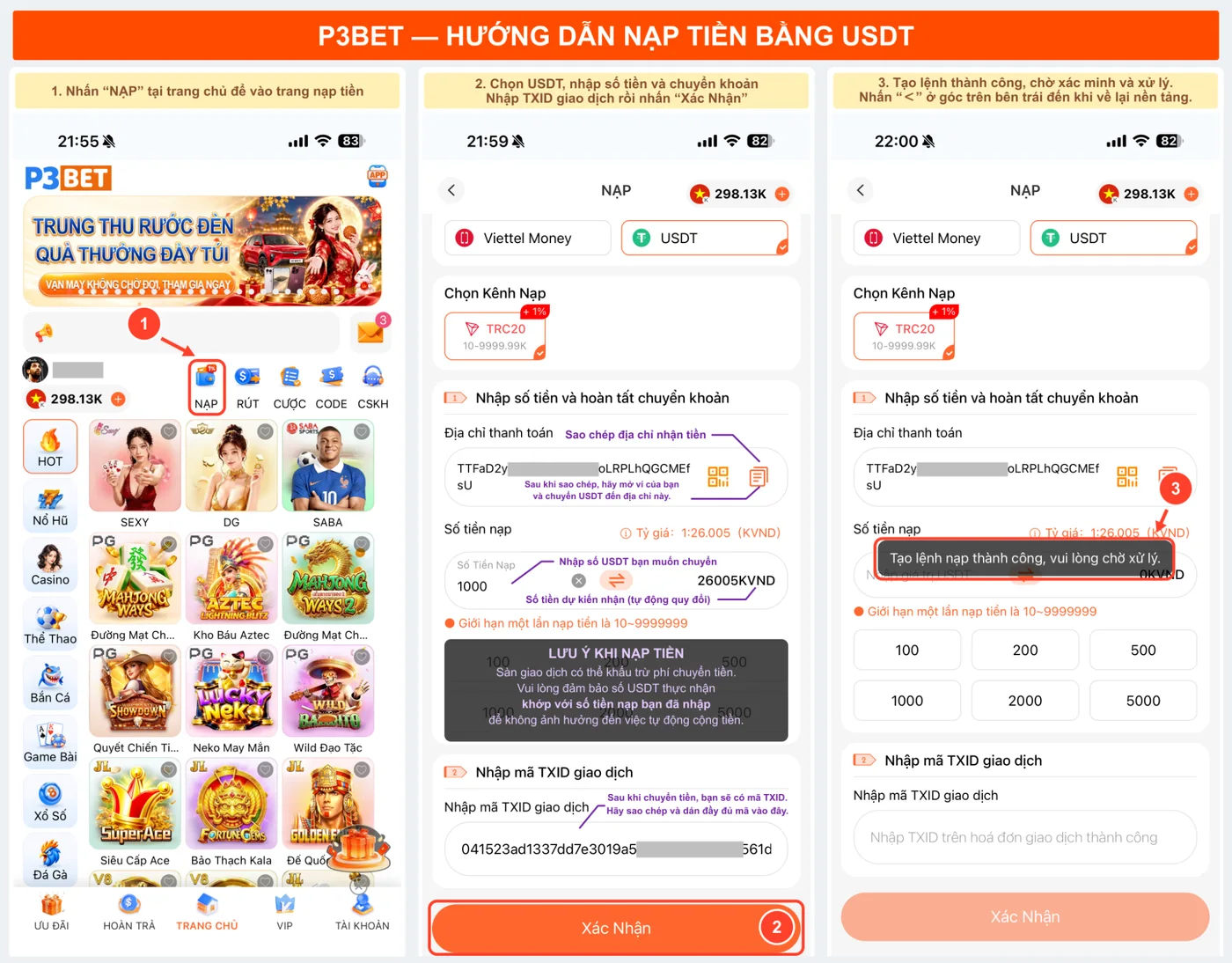 Hướng dẫn nạp tiền P3 bằng USDT
