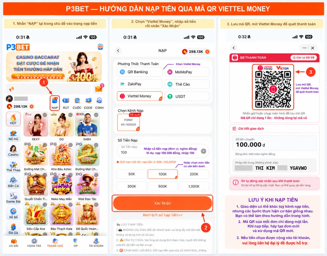 Hướng dẫn nạp tiền P3 qua Viettel Money
