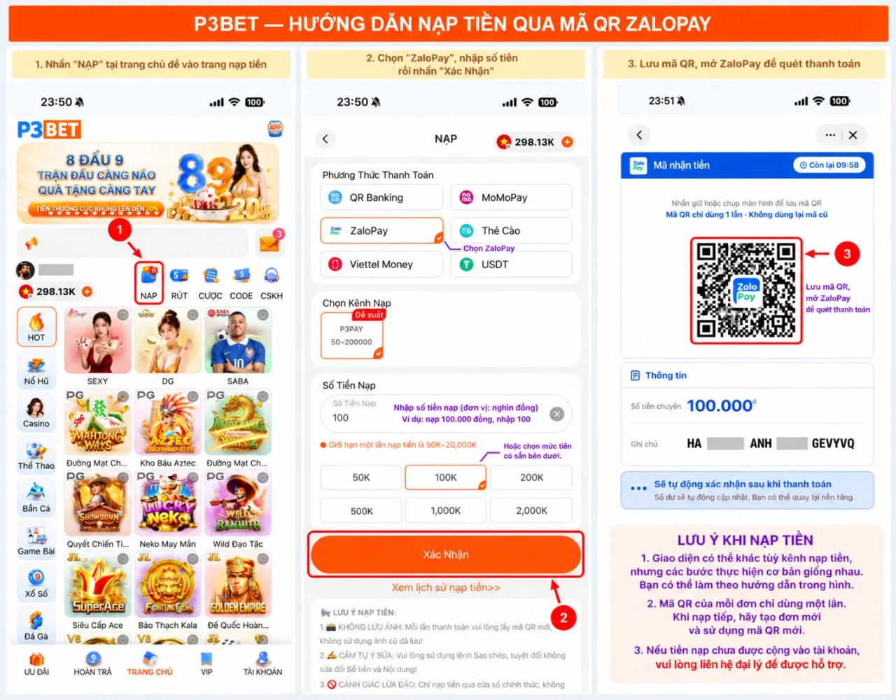 Hướng dẫn nạp tiền P3 qua ZaloPay